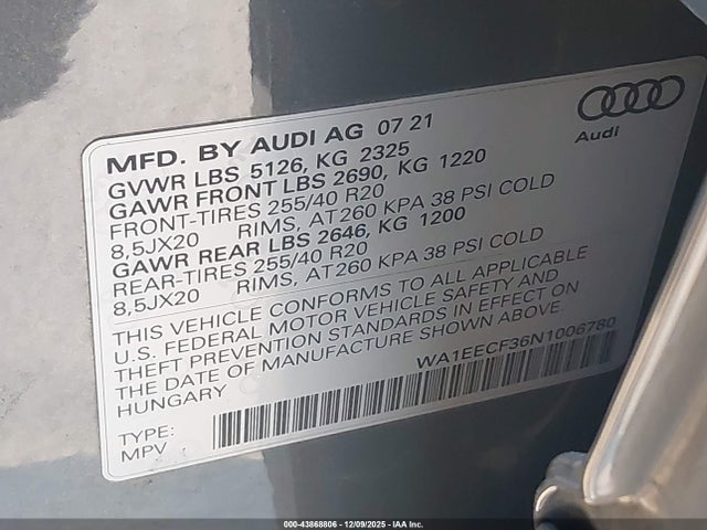 2022 Audi Q3 Premium Plus 45 Tfsi S Line Quattro Tiptronic მანქანა იყიდება აუქციონზე, vin: WA1EECF36N1006780, აუქციონის ნომერი: 43868806