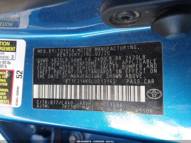 2020 TOYOTA CAMRY 4T1F31AK6LU013142 Photo 8