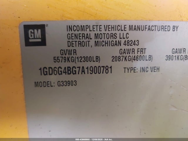 Aukcja sprzedaży 2010 Gmc Savana Cutaway Work Van, vin: 1GD6G4BG7A1900781, numer aukcji: 43868985
