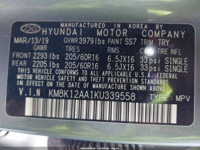 2019 HYUNDAI KONA KM8K12AA1KU339558 Photo 8
