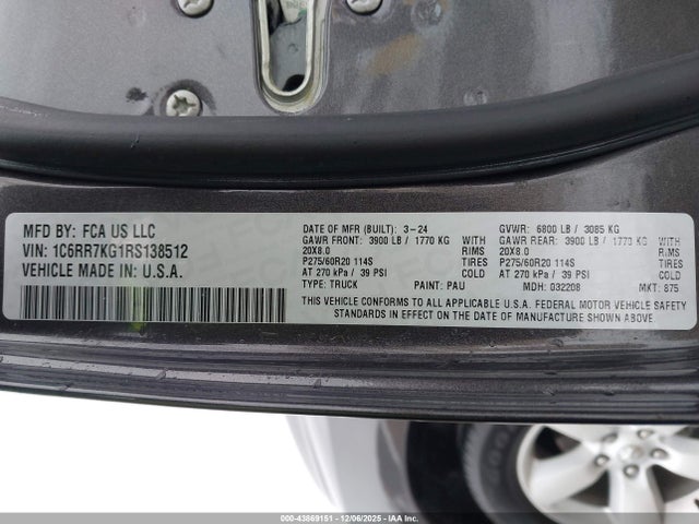 Продаж на аукціоні авто 2024 Ram 1500 Classic Tradesman  4x4 5'7 Box, vin: 1C6RR7KG1RS138512, номер лоту: 43869151