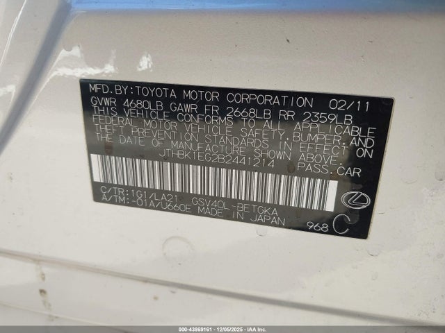 Aukcja sprzedaży 2011 Lexus Es 350, vin: JTHBK1EG2B2441214, numer aukcji: 43869161