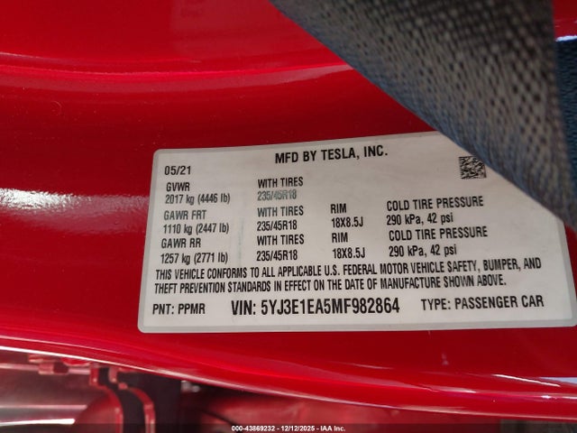 2021 TESLA MODEL 3 5YJ3E1EA5MF982864 Photo 8
