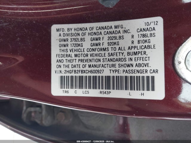 43869427 :رقم المزاد ، 2HGFB2F8XCH600927 vin ، 2012 Honda Civic Ex مزاد بيع