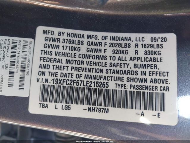 2020 HONDA CIVIC 19XFC2F67LE215265 Photo 8