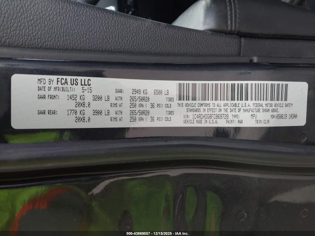 Aukcja sprzedaży 2015 Dodge Durango Limited, vin: 1C4RDHDG8FC869728, numer aukcji: 43869557