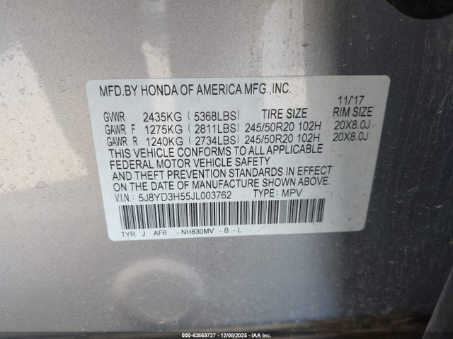 5J8YD3H55JL003762 Acura Mdx Technology Package Acurawatch Plus Pkg