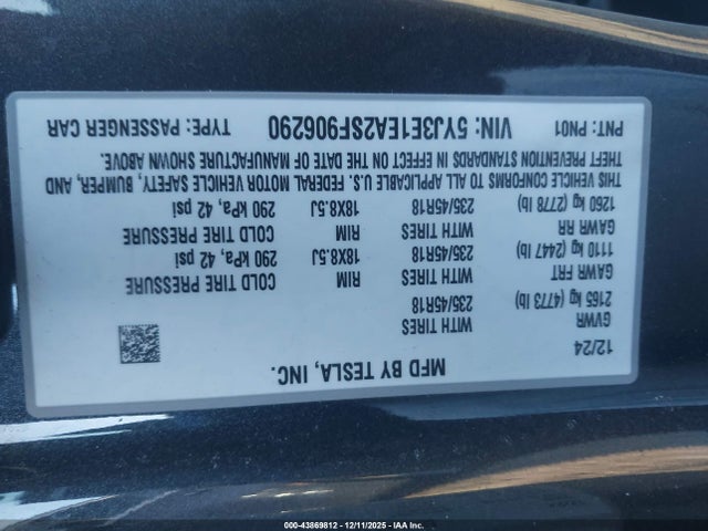 2025 Tesla Model 3 Long Range Rear-wheel Drive/standard Rear-wheel Drive მანქანა იყიდება აუქციონზე, vin: 5YJ3E1EA2SF906290, აუქციონის ნომერი: 43869812
