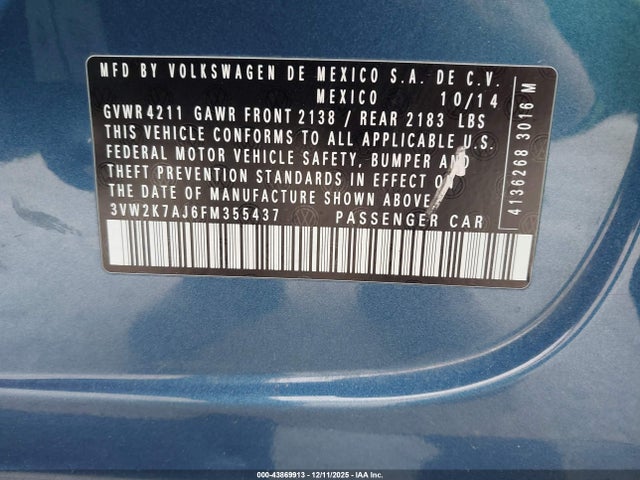 2015 Volkswagen Jetta 2.0l S მანქანა იყიდება აუქციონზე, vin: 3VW2K7AJ6FM355437, აუქციონის ნომერი: 43869913