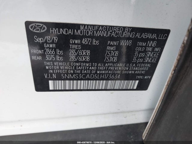 Продажа на аукционе авто 2020 Hyundai Santa Fe Sel, vin: 5NMS3CAD5LH173634, номер лота: 43870070