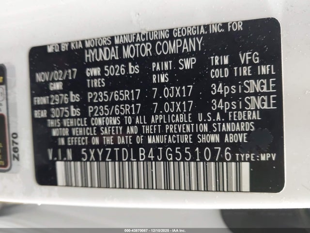 5XYZTDLB4JG551076 Hyundai Santa Fe Sport 2.4l