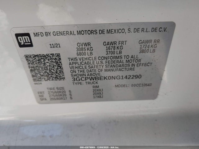 3GCPWBEK0NG142290 Chevrolet Silverado 1500 Ltd 2wd Short Bed Custom