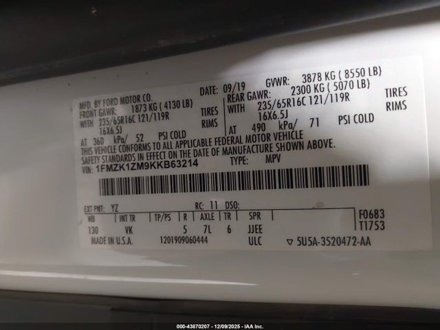 1FMZK1ZM9KKB63214 Ford Transit-150 Xl