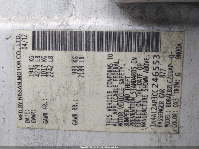 Продаж на аукціоні авто 2012 Nissan Altima 2.5 S, vin: 1N4AL2AP3CC246553, номер лоту: 43870220