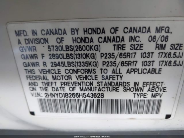 2006 ACURA MDX 2HNYD18266H543628 Photo 8