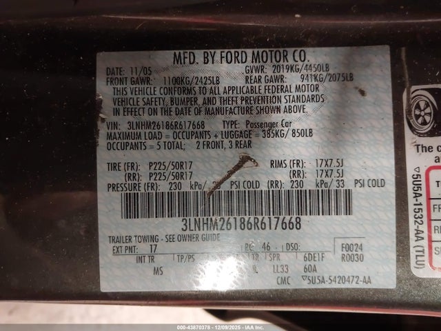 2006 LINCOLN ZEPHYR 3LNHM26186R617668 Photo 8