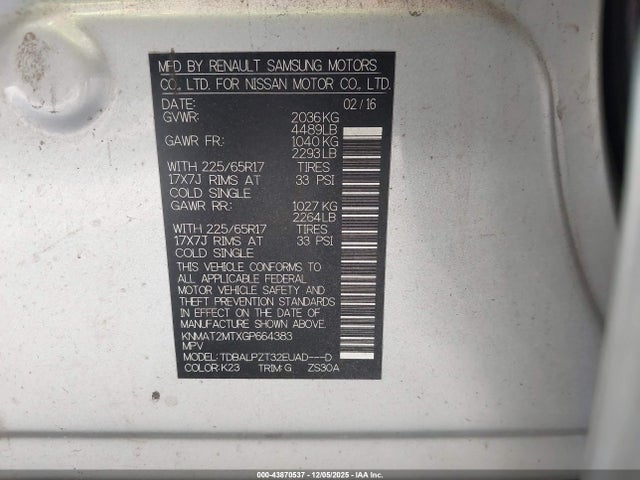 43870537 :رقم المزاد ، KNMAT2MTXGP664383 vin ، 2016 Nissan Rogue S مزاد بيع