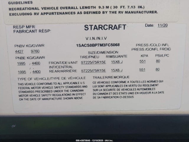 Продажа на аукционе авто 2021 Starcraft Telluride 289rks, vin: 1SACS0BP7M3FC5068, номер лота: 43870545
