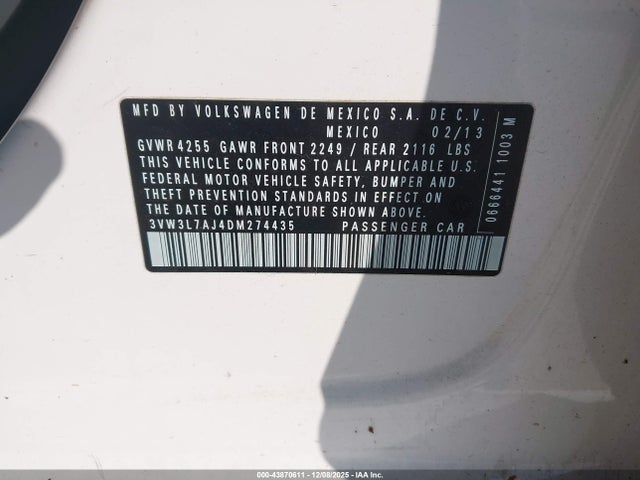 2013 Volkswagen Jetta 2.0l Tdi მანქანა იყიდება აუქციონზე, vin: 3VW3L7AJ4DM274435, აუქციონის ნომერი: 43870611