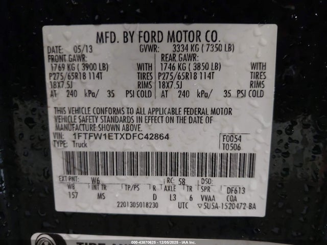 2013 Ford F-150 Xlt მანქანა იყიდება აუქციონზე, vin: 1FTFW1ETXDFC42864, აუქციონის ნომერი: 43870625