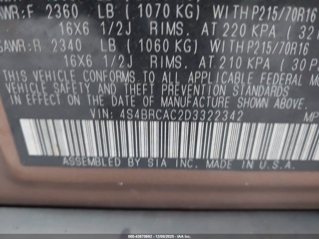 Продаж на аукціоні авто 2013 Subaru Outback 2.5i, vin: 4S4BRCAC2D3322342, номер лоту: 43870692