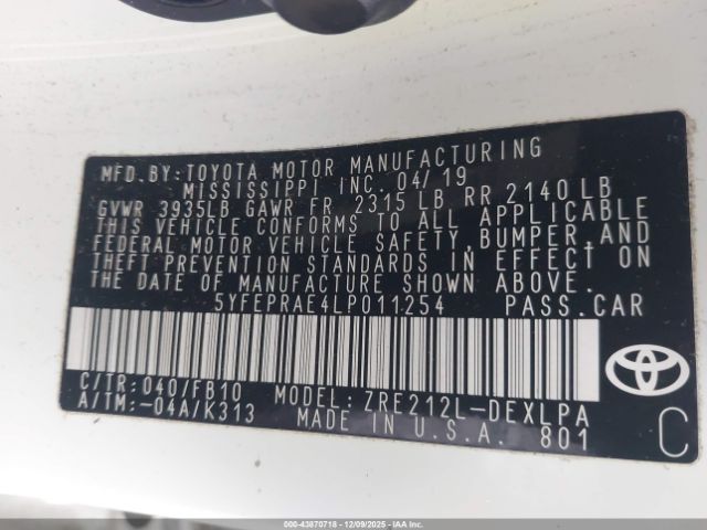 2020 TOYOTA COROLLA 5YFEPRAE4LP011254 Photo 8