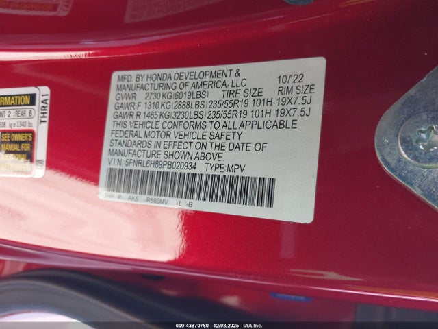Honda Odyssey Touring 2023 5FNRL6H89PB020934 Image 9