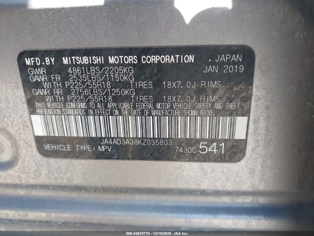 2019 MITSUBISHI OUTLANDER JA4AD3A38KZ035803 Photo 8