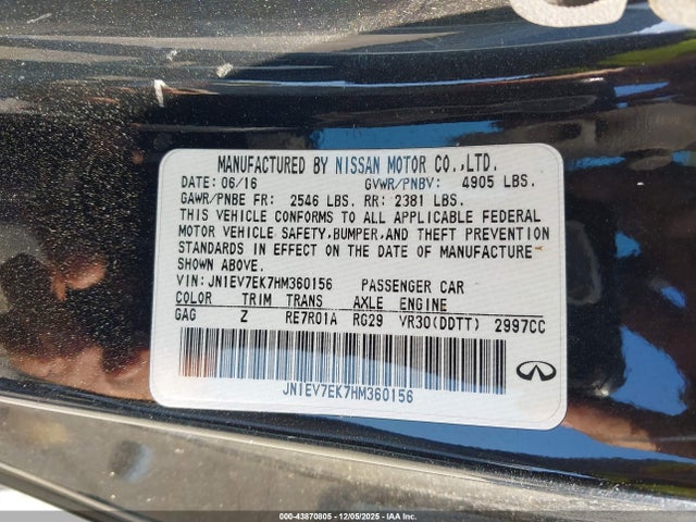 43870805 :رقم المزاد ، JN1EV7EK7HM360156 vin ، 2017 Infiniti Q60 3.0t Premium مزاد بيع