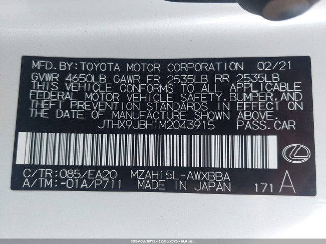Lexus UX 250H 2021 JTHX9JBH1M2043915 Image 9