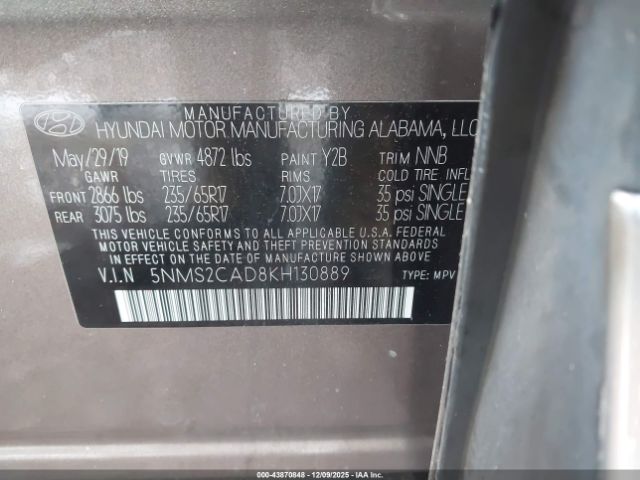 2019 HYUNDAI SANTA FE 5NMS2CAD8KH130889 Photo 8