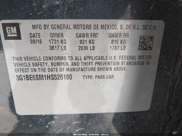 3G1BE6SM1HS526180 Chevrolet Cruze Lt Auto