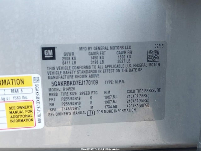 43870927 :رقم المزاد ، 5GAKRBKD7EJ170109 vin ، 2014 Buick Enclave Leather مزاد بيع