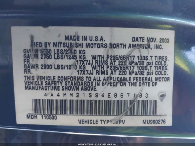 2004 MITSUBISHI ENDEAVOR 4A4MM21S94E067103 Photo 8