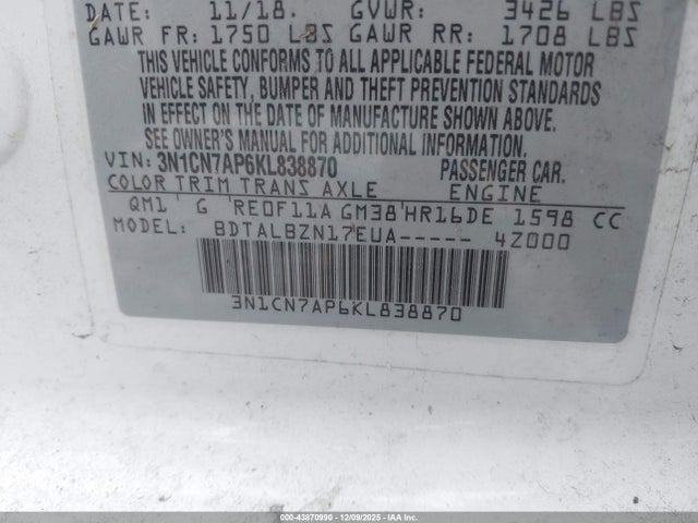 Aukcja sprzedaży 2019 Nissan Versa 1.6 Sv, vin: 3N1CN7AP6KL838870, numer aukcji: 43870990