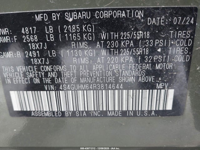 43871212 :رقم المزاد ، 4S4GUHM64R3814644 vin ، 2024 Subaru Crosstrek Limited مزاد بيع