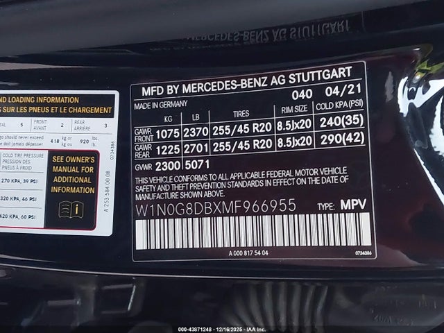 W1N0G8DBXMF966955 Mercedes-Benz Glc 300 Suv
