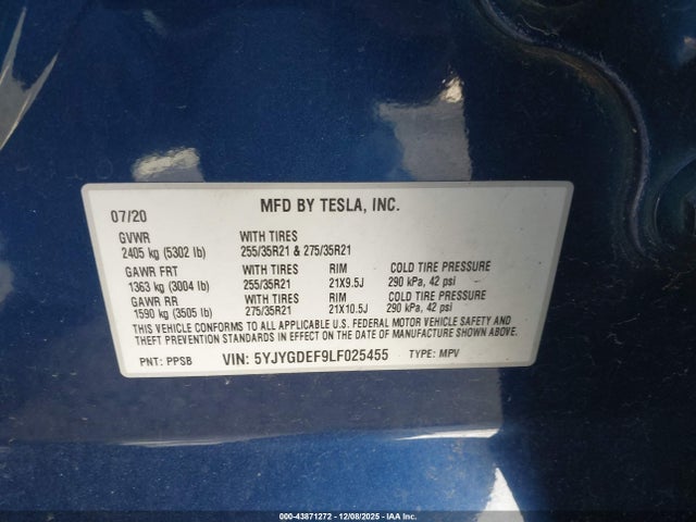 2020 TESLA MODEL Y 5YJYGDEF9LF025455 Photo 8