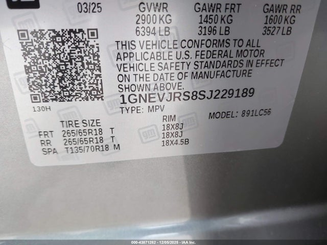 1GNEVJRS8SJ229189 Chevrolet Traverse Awd Z71