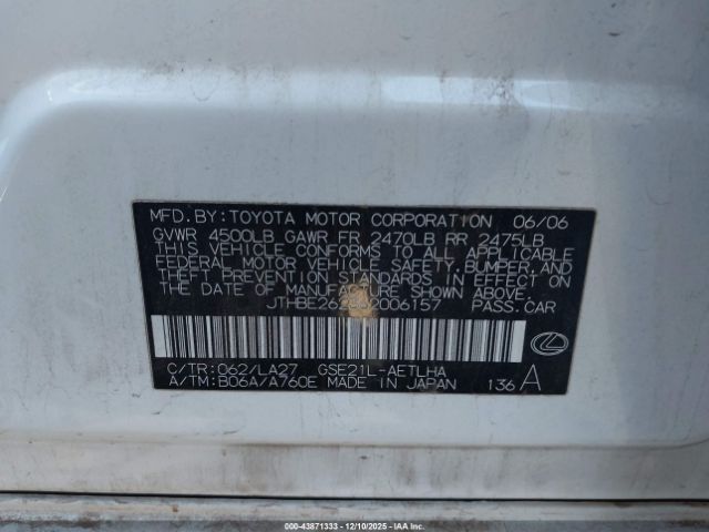 2006 LEXUS IS 350 JTHBE262362006157 Photo 8