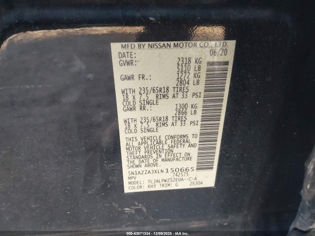 5N1AZ2AJXLN150665 Nissan Murano S Fwd
