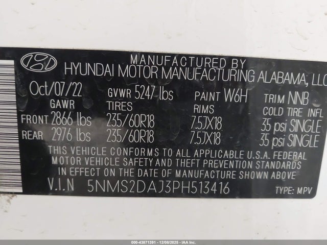 Aukcja sprzedaży 2023 Hyundai Santa Fe Sel, vin: 5NMS2DAJ3PH513416, numer aukcji: 43871391