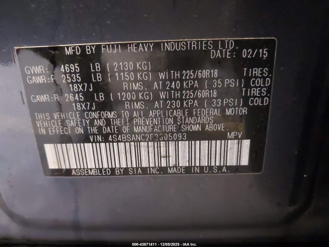 Subaru Outback 2.5i Limited 2015 4S4BSANC2F3305093 Image 9