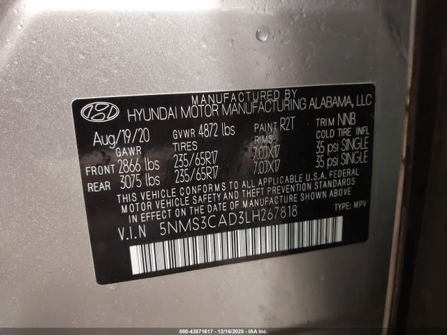 5NMS3CAD3LH267818 Hyundai Santa Fe Sel