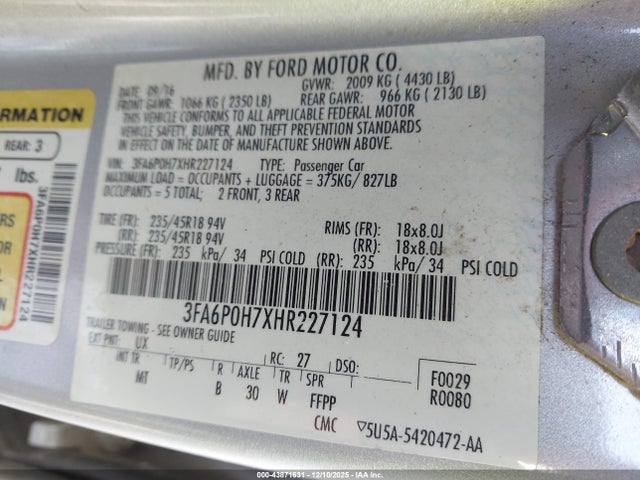 3FA6P0H7XHR227124 Ford FUSION SE