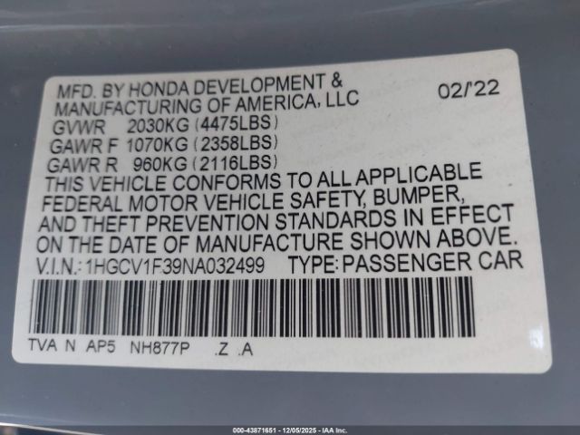 2022 HONDA ACCORD 1HGCV1F39NA032499 Photo 8