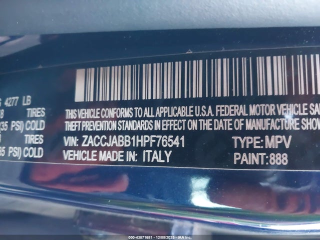 2017 Jeep Renegade Altitude Fwd მანქანა იყიდება აუქციონზე, vin: ZACCJABB1HPF76541, აუქციონის ნომერი: 43871681