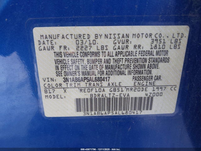 2010 Nissan Sentra 2.0sr მანქანა იყიდება აუქციონზე, vin: 3N1AB6AP5AL680417, აუქციონის ნომერი: 43871796