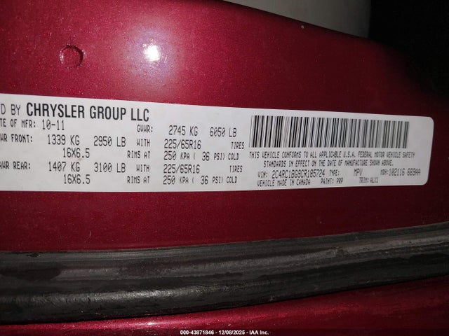 Продажа на аукционе авто 2012 Chrysler Town & Country Touring, vin: 2C4RC1BG9CR185724, номер лота: 43871846