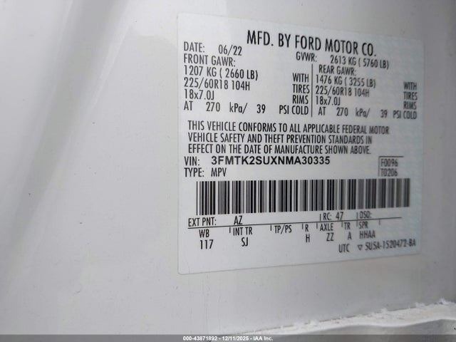 3FMTK2SUXNMA30335 Ford Mustang Mach-e California Route 1